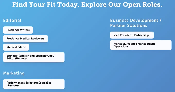 www.myhealthteam.com/careers/
- Medical Editor
- Bilingual Copy Editor
- VP, Partnerships
- Manager, Alliance Management Ops
- Performance Marketing Specialist
*****Soon to be posted********
- Associate Editor
- Content Ops Coordinator