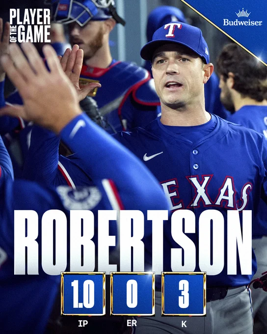 Player of the Game graphic for Rangers reliever David Robertson who pitched a scoreless 8th inning in relief and racked up 3 strikeouts against Mookie Betts, Shohei Ohtani and Freddie Freeman for the second straight night. 