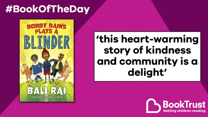 The front cover of Bobby Bains Plays a Blinder and a quote from our review: 'This heart-warming story of kindness and community is a delight'