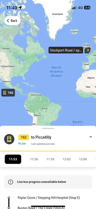 Screenshot of the Bee Network app showing a 192 bus located off the coast of Mexico