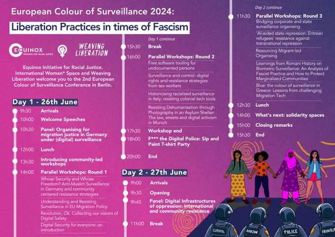 The image is in gradiant of magenta to purple. It shares the programme of the event. 