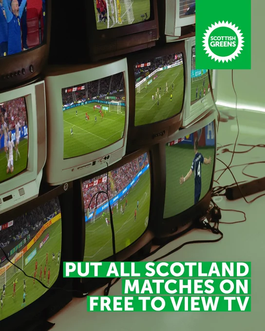 Put all Scotland matches on free to view TV. The background images shows a stack of TVs showing key moments from Scotland's qualifier campaign.