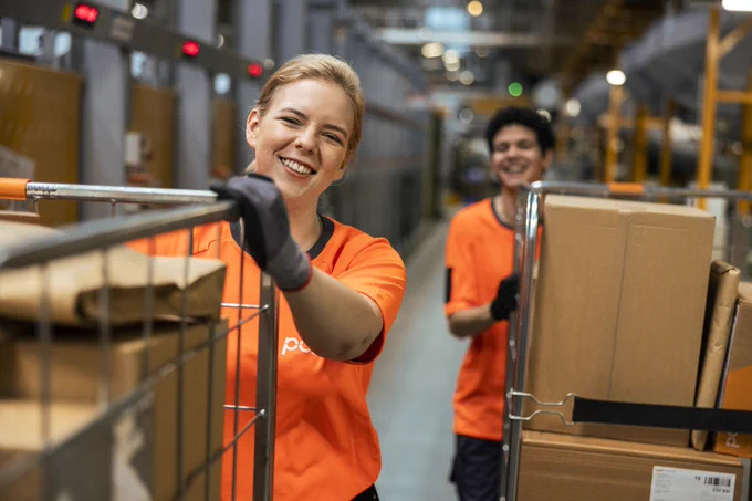 Two Posti employees transporting packages in a distribution centre.