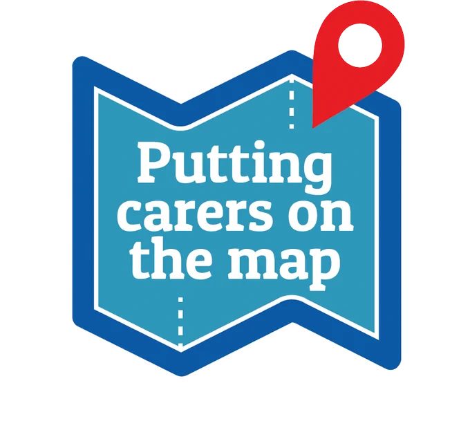 A cartoon graphic of a map, with a pin in it and the words Putting carers on the map