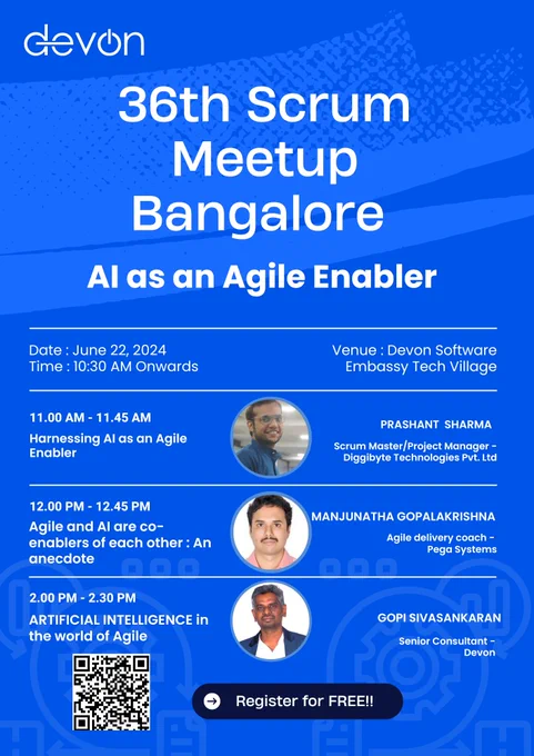 36th Scrum Meetup Bangalore(in-person) on 22nd June 2024
| Saturday, June 22, 2024
10:30 AM to 4:30 PM IST