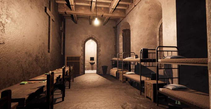 A room filled with 3 double bunk beds and six tables. Several large crosses are across the wall and a dirty bathroom sink can be seen in the next room. It is a sad and confined space.