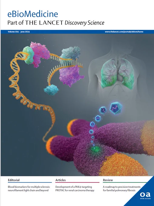 The image is the cover of the June 2024 issue of eBioMedicine, part of The Lancet Discovery Science. It features a graphic representation related to precision treatments for familial pulmonary fibrosis. The visual includes a detailed molecular structure, with colorful proteins and RNA strands. In the background, there is a translucent outline of a human torso, highlighting the lungs in green. The lower section of the cover lists key articles, including topics such as blood biomarkers for multiple sclerosis, development of a PAK4-targeting PROTAC for renal carcinoma therapy, and a roadmap to precision treatments for familial pulmonary fibrosis.






