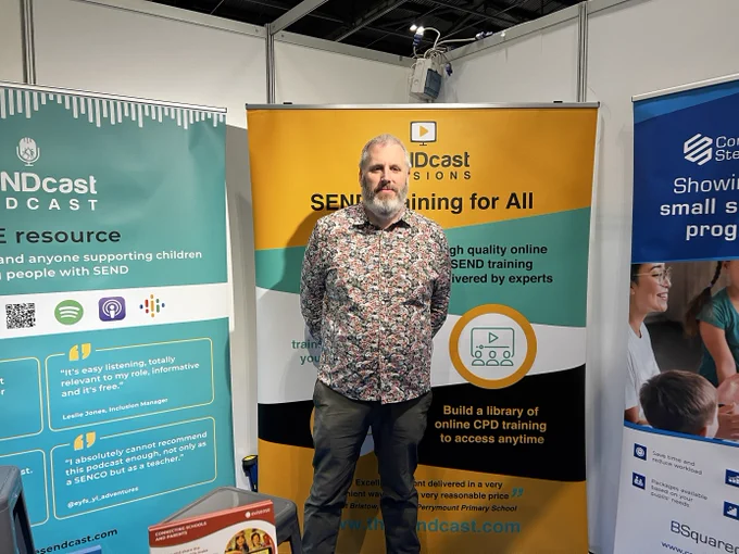 Image is of a man standing in front of exhibition banners branded with 'the SENDcast'