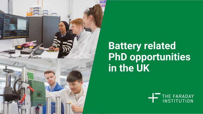 A Canva card for Monthly PhD roundup. On the left side there are pictures of Faraday Institution PhD researchers.