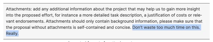 the guidance text for attachments includes the phrase "Don't waste too much time on this. Really."