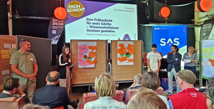 Blick in einen großen Saal. Vorne im Bild Publikum, welches der Präsentation einiger junger Leute zusieht. Im Hintegrund verschiedene Banner, u.a. von SPIN2030 und eine Beamerleinwand auf der "Eine Frühschicht für mein Görlitz - Wissenschaftsland Sachsen gestalten" eingeblendet ist. 