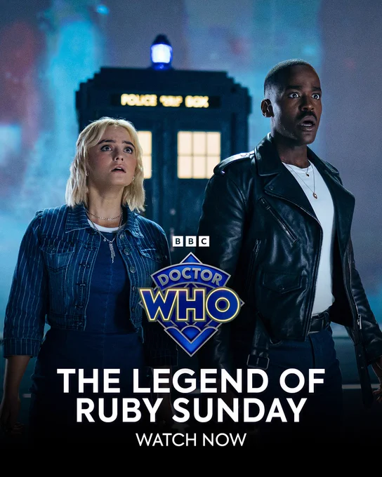 Ruby (Millie Gibson) and the Doctor (Ncuti Gatwa) stand with the TARDIS behind them in 'The Legend of Ruby Sunday'. Overlaid is the text 'The Legend of Ruby Sunday: Watch Now'
