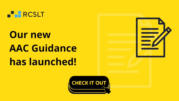Yellow background with a black image of a piece of paper with writing on it and a pencil. The post says 'our new AAC guidance has launched'. with a button that says 'check it out'. 