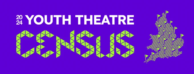 Text: 2024 Youth Theatre Census, with a map of England with green flags in it. 