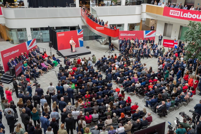 A photograph of Keir Starmer speaking to a large crowd to launch the Labour Party's manifesto