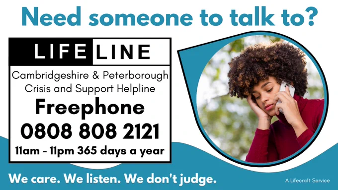 A young black woman with short curly hair. They are wearing a red polo neck jumper and are talking on a mobile phone. 
Need someone to talk to? Lifeline Cambridgeshire & Peterborough Crisis and Support Helpline. Freephone 0808 808 2121 11am-11pm, 365 days a year. We care. We listen. We don't judge. A Lifecraft Service