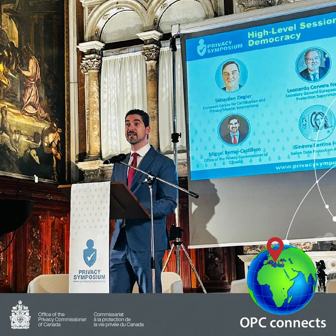 Miguel Bernal-Castillero, Director of International, Provincial and Territorial Relations, introducing Commissioner Dufresne’s speech on privacy and democracy at @PrivSymposium in Venice earlier this week.