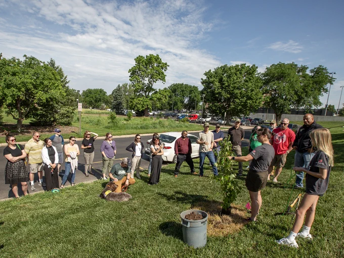 Ann Powers, lecturer in the School of Natural Resources, discusses the history of the "Moon Tree" project prior to the planting of a sweetgum "Moon Tree" on East Campus on June 4, 2024.