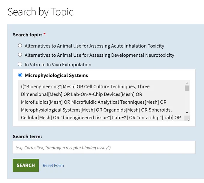 Screenshot from the ALTBIB website that shows the search terms applied when you search by the topic “Microphysiological Systems”