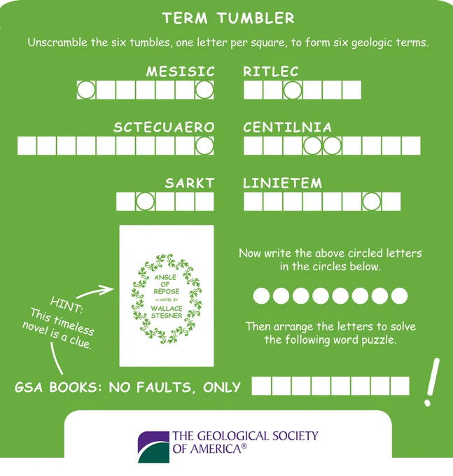 Term tumbler with 6 terms to unscramble and 1 clue. Eight letters from the scramble will be used to solve: "GSA Books: No Faults, Only ________."