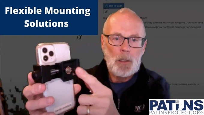 David pointing to mount on iPhone. Flexible Mounting Solutions. PATINS logo.