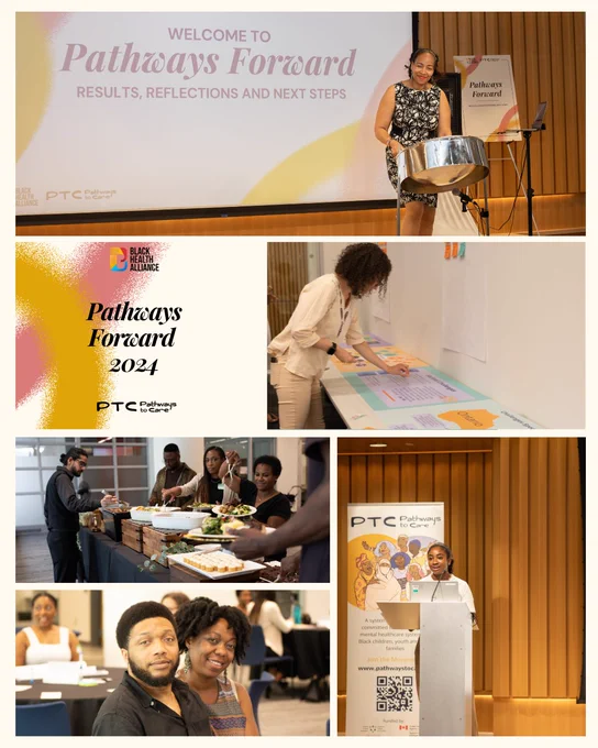 A collage of photos from the Pathways Forward event, there's a small square on the right of the first panel that has the Black Health Alliance and PTC logos in the top corners, below it says Thank you for attending Pathways Forward! May 22nd 2024. On the second slide there's another collage of photos from the enet there's a small square on the left of the first panel with the Black Health Allliance logo at the top, below in black in says Pathways Forward 2024 with the Pathways to Care logo below