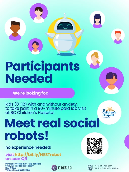Study recruitment poster that says "Meet real social robots!" and links to bit.ly/NESTrobot
