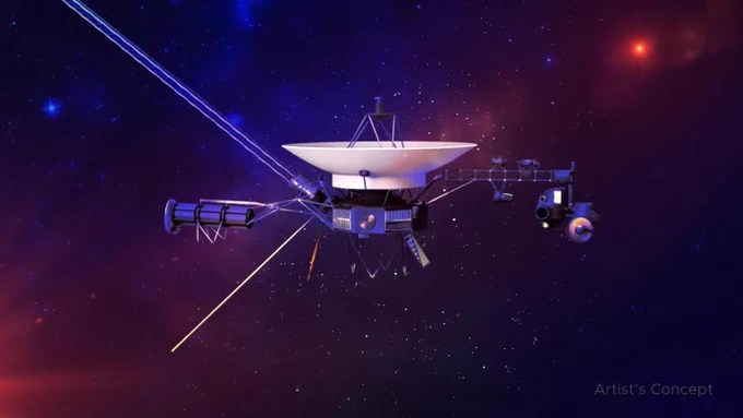 An artist's concept of the Voyager spacecraft in space. Voyager has a large white satellite dish and several instruments on it. Space, behind the spacecraft, is blue, red, and purple, with stars and galaxies dotting it. Credit: NASA/JPL-Caltech