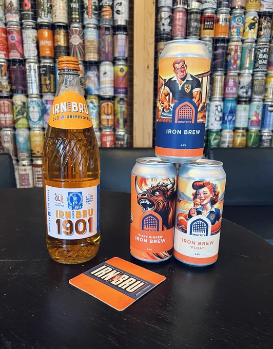 A bottle of Irn Bru 1901 and 3 of Vault City’s Iron Brew Beers