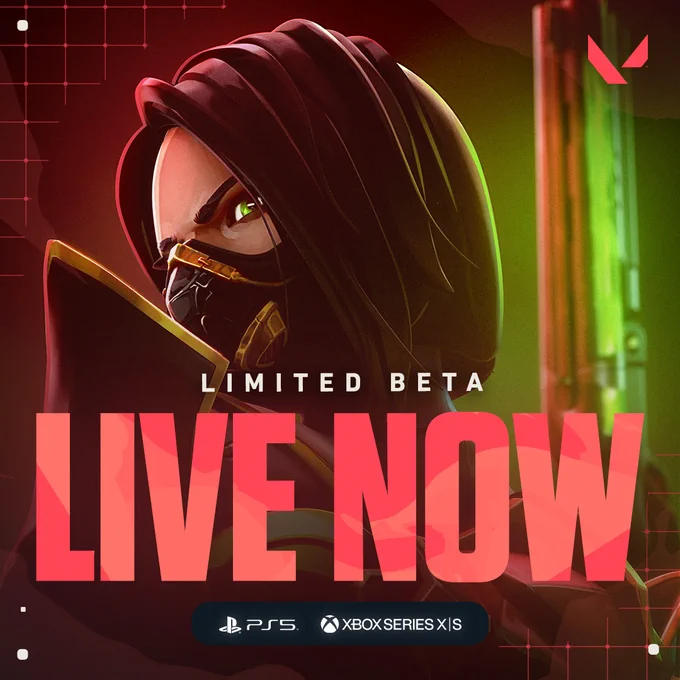 Text on image: “Limited Beta Live Now”. Below the text are the logos for PlayStation 5 and Xbox Series X|S. In the background, Viper holds a Shorty, and looks over her shoulder. In the top right corner is the VALORANT logo.
