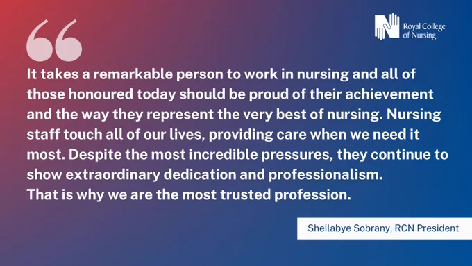 Graphic featuring a quote about the dedication and importance of nurses, attributed to Sheilabye Sobrany from the Royal College of Nursing, set against a blue background with the organization's logo on the top right.