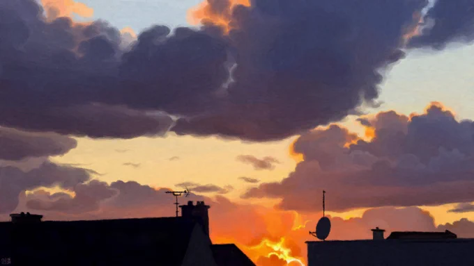 Digital painting of a sunset scene: dark blue-grey clouds scattered across a gradient of pastel blue and yellow. The tops of the clouds are backlit in orange, and right in the middle of the horizon, the sun is brightly coming through. Dark silhouettes of roofs.