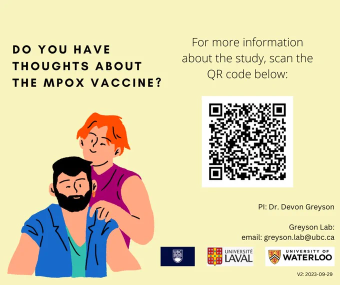 Ad asking "Do you have thoughts about the mpox vaccine?" and providing a QR code  to scan for more information about the study. Features cartoon of two people, one with dark hair/beard and an earring and the other with orange hair and his hand on the first one's shoulder, and logos of 3 universities. Gives PI name as Devon Greyson and contact as greyson.lab@ubc.ca.