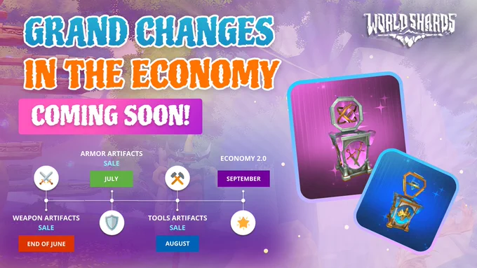 Promotional image for the video game "World Shards," featuring vibrant graphics and announcement of "Grand Changes in the Economy" with a timeline showing upcoming sales for armor, weapon, and tools artifacts set against a fantastical, colorful game world background.