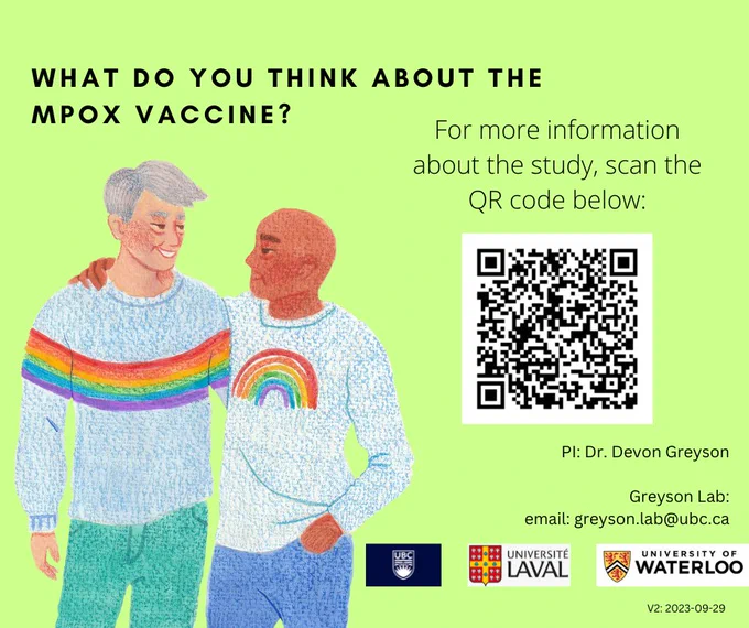 Ad asking "What do you think about the mpox vaccine?" and providing a QR code  to scan for more information about the study. Features cartoon of two people, one with grey hair and eyebrows and the other bald, their arms around each other and wearing shirts with rainbows on them, and logos of 3 universities. Gives PI name as Devon Greyson and contact as greyson.lab@ubc.ca.