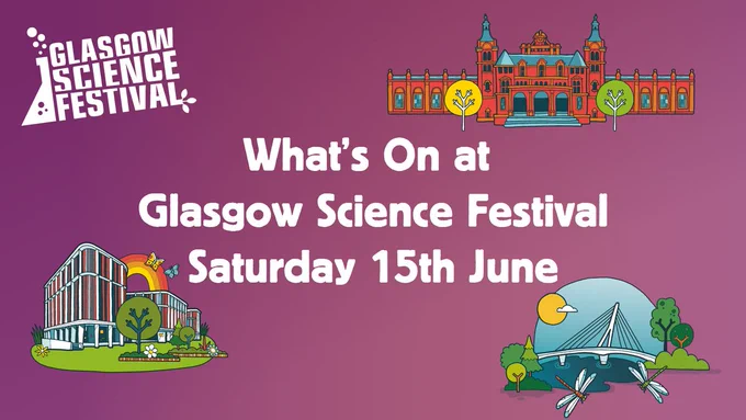 Illustration of a bridge, the University of Glasgow Advanced Research Centre and the Kelvingrove Art Gallery & Museum. Purple background with text "What's on at Glasgow Science Festival Saturday 15th June"