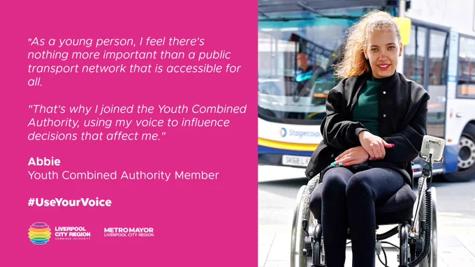 Picture of a girl in a wheelchair with words encouraging people to join the Youth Combined Authority.