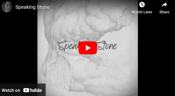 A sketch of the Belvedere Torso, a classical statue of a muscular male body with arms and head missing, by Maarten van Heemskerck (1530s). Here the image is used as the cover for a YouTube video, with the title Speaking Stone superimposed.