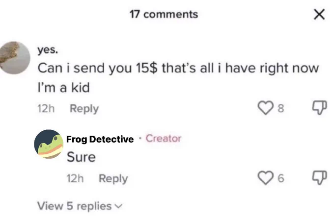 tiktok screenshot of a user saying “can i send you $15 that’s all i have right now im a kid” and frog detective replying “sure”