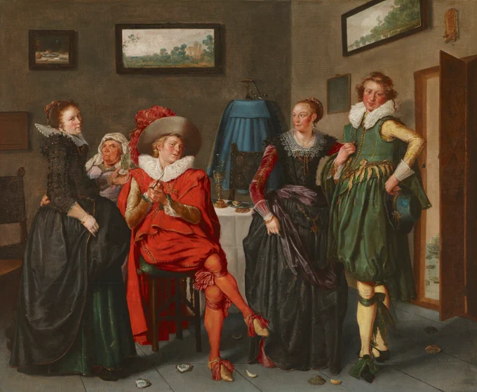 Painting of five fancifully dressed figures gathered in an interior space
