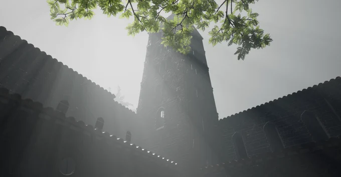 The image depicts an old medieval tower located in the corner section of a monastery. God rays are penetrating the canopy and create a celestial atmosphere.