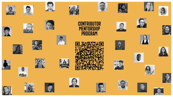 A yellow banner with multiple framed portraits of diverse individuals arranged in a grid, centered around a large QR code and the text "CONTRIBUTOR MENTORSHIP PROGRAM" in bold, black letters.