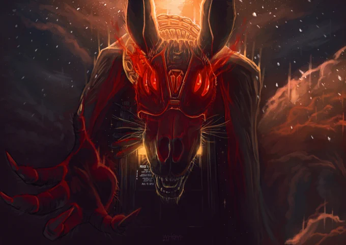 An illustration of Sutekh, enveloping his wings over the TARDIS. One of his hands is gripped on the box, whilst the other is outstretched towards us. He's surrounded by sand clouds, illuminated by the sun as snow falls around him...
