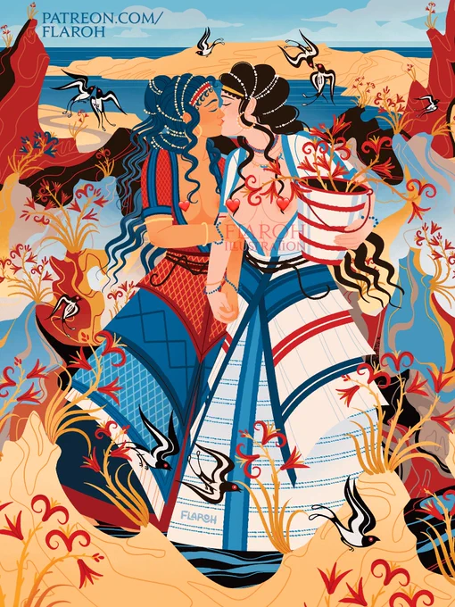 art by flaroh illustration. Two minoan women kiss eachother gently surrounded by swallows and a swirling landscape based on the minoan spring fresco. The woman on the left is tan with dark blue hair and a red and blue dress, and is pulling the other toward her. The woman on the right is pale with black hair and a white and blue dress. She holds a pail of lillies gathered from the landscape.