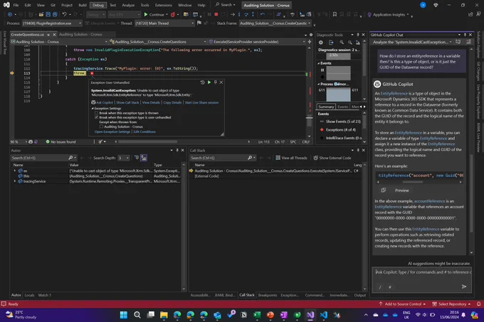 Screenshot of Visual Studio open on a Windows desktop, with GitHub Copilot Chat open in the right hand side pane helping with an issue around entityreference objects.