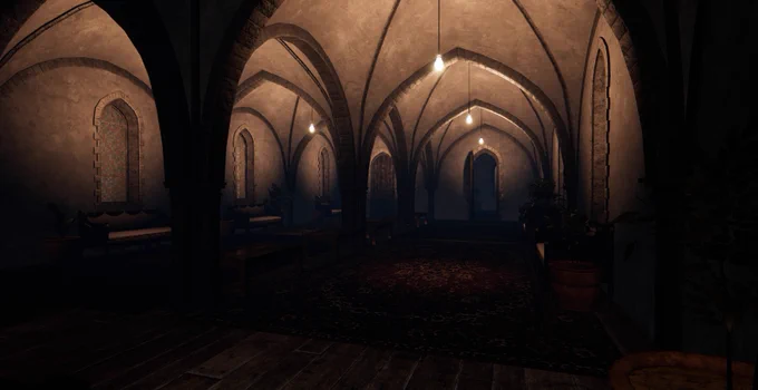 A dark hallway in a monastery. The lights barely illuminate the room