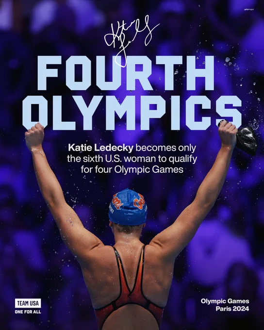 Katie Ledecky graphic from U.S. Olympic Swimming Trials  2024

Graphic pictures Ledecky with her hands in the air, raised with the text, "FOURTH OLYMPICS - Katie Ledecky becomes only the sixth U.S. woman to qualify for four Olympic Games."

