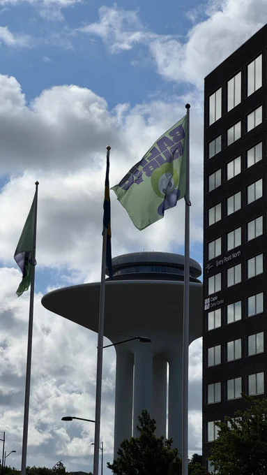 Water tower of Malmö with Baltic Ruby flags in front