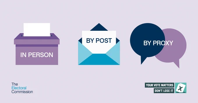 In person
By post
By proxy

The Electoral Commission 

Your vote matters. Don't lose it. 