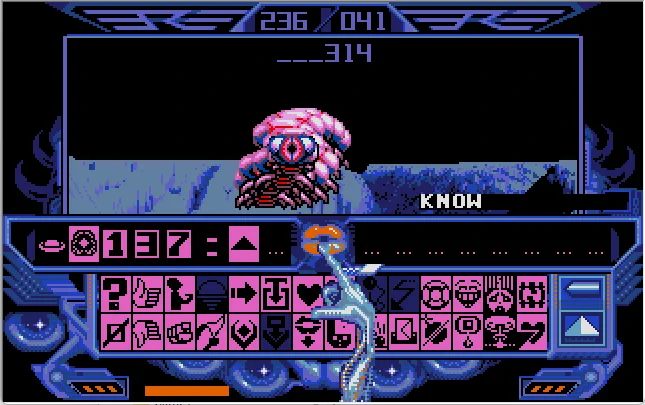 An alien and an image-based language decoder in the game Captain Blood. The whole thing is rendered in 16-bit graphics.